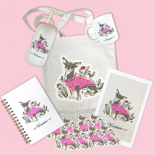 Kit personalizado: Tote bag + Vaso + Taza + Libreta + Print enmarcado + Stickers
