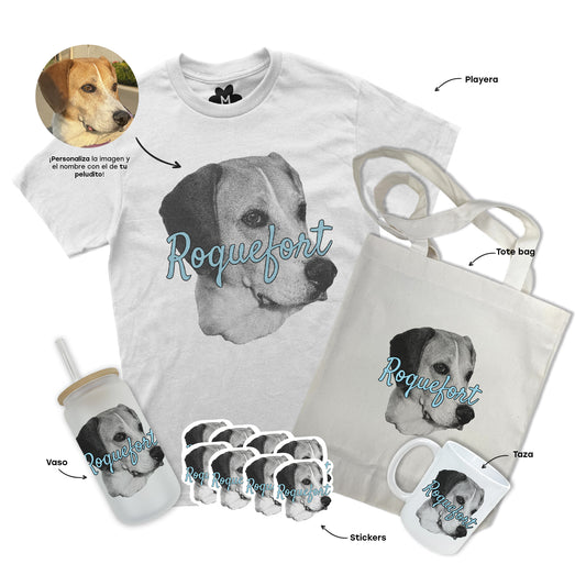 Kit Diseño Personalizado: Playera + Tote Bag + Taza + Vaso + Stickers