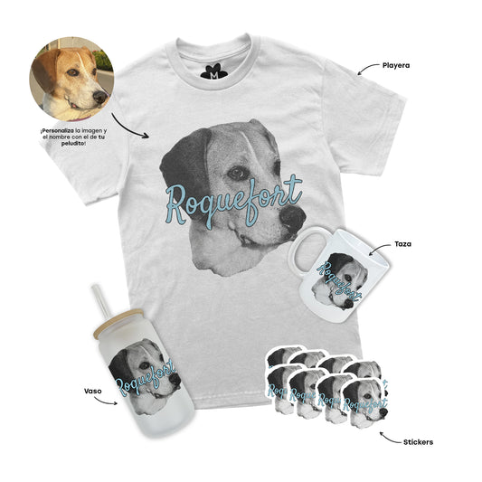 Kit Diseño Personalizado: Playera + Taza + Vaso + Stickers
